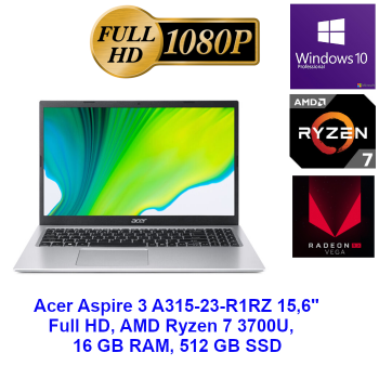 Notebook Acer Aspire 3 A315-23-R1RZ 15,6" Full HD, AMD Ryzen 7 3700U, 16 GB RAM, 512 GB SSD Windows 10 PRO